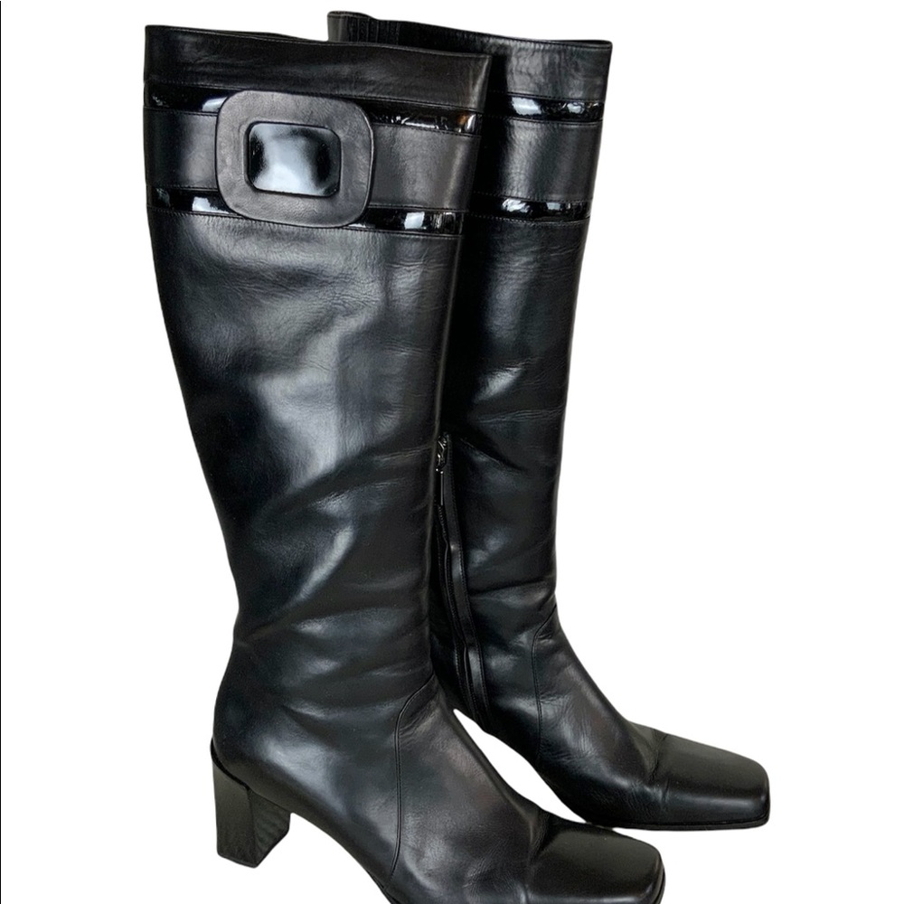 Bruno Magli Womens Black Boots 38 Italy Leather Knee High Block Heel Square Toe